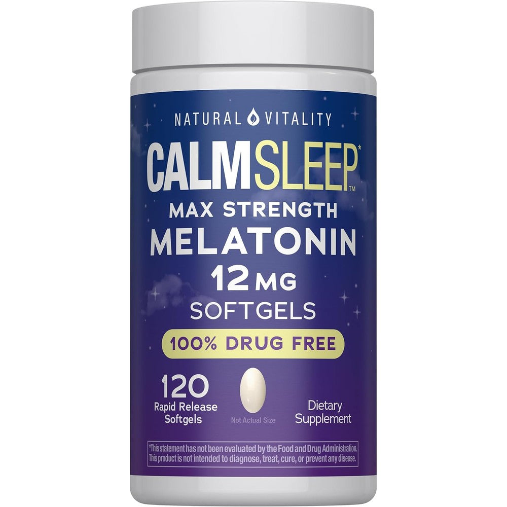 Natural Vitality Melatonin 12mg Maximum Strength 120 Softgels front view bottle for nighttime sleep support.