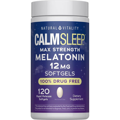 Natural Vitality Melatonin 12mg Maximum Strength 120 Softgels front view bottle for nighttime sleep support.