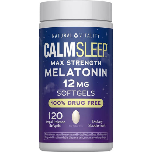 Natural Vitality Melatonin 12mg Maximum Strength 120 Softgels front view bottle for nighttime sleep support.