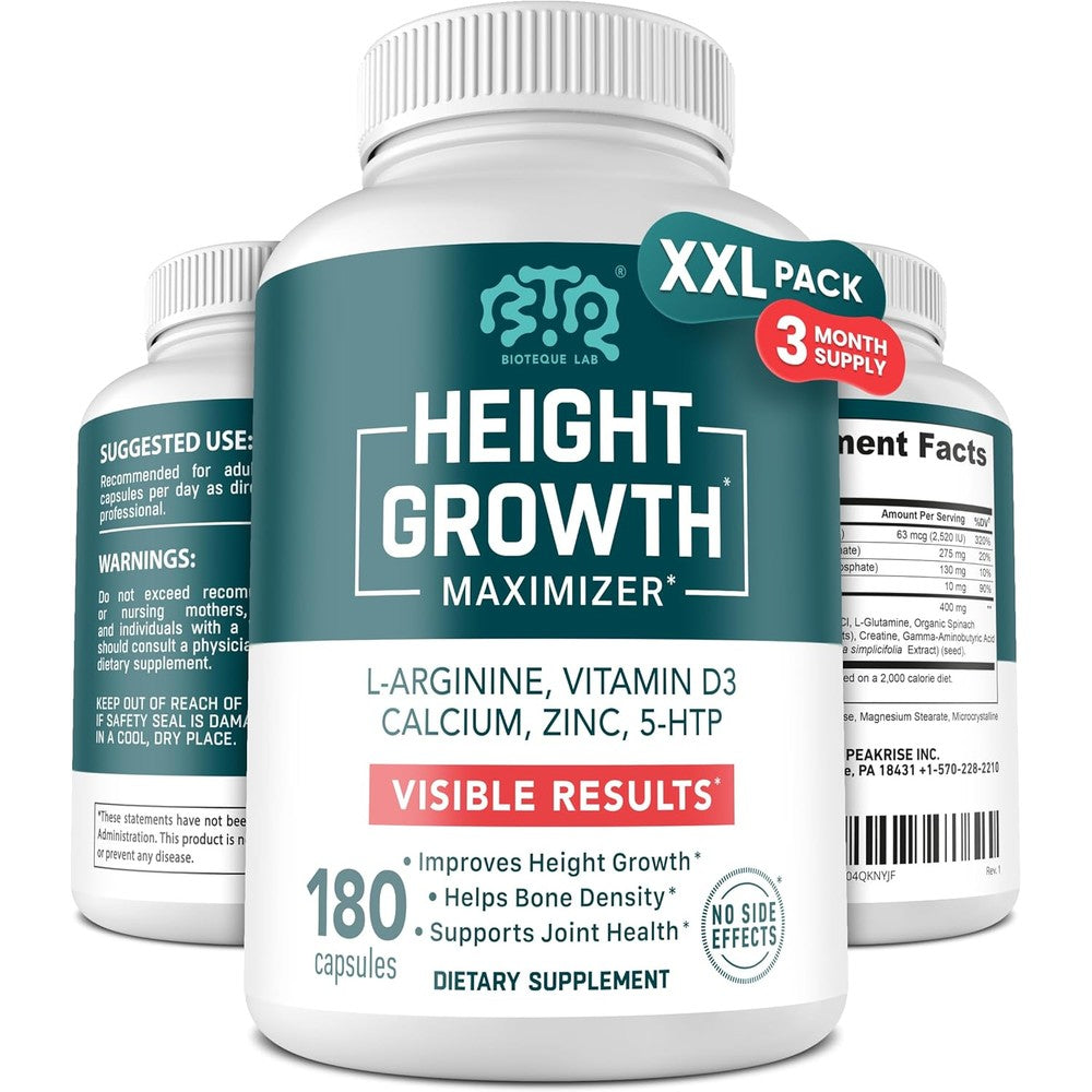 BIOTEQUELAB Height Growth Maximizer 180 Capsules front view showcasing premium bone health supplement packaging.