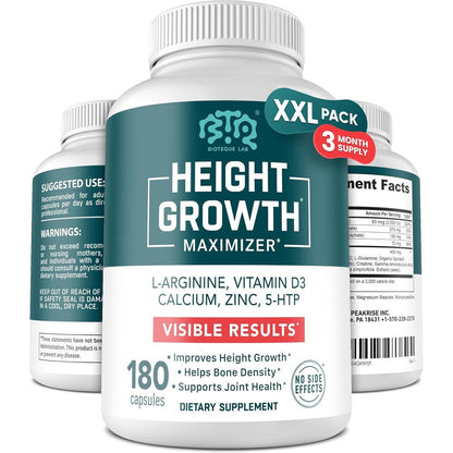 BIOTEQUELAB Height Growth Maximizer 180 Capsules front view showcasing premium bone health supplement packaging.
