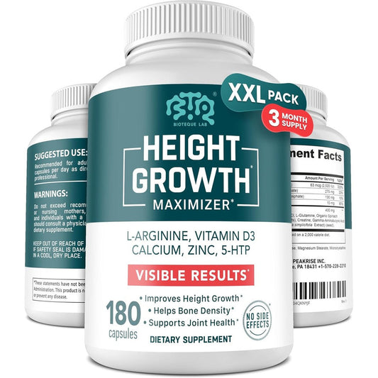 BIOTEQUELAB Height Growth Maximizer 180 Capsules front view showcasing premium bone health supplement packaging.