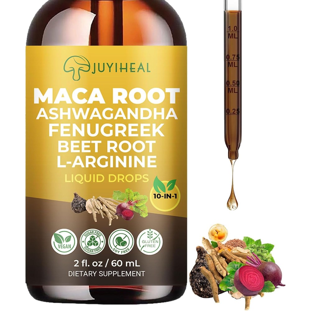 Accio Juyiheal 10 in 1 Maca Root Liquid Drops front view bottle showing natural adaptogen ingredients