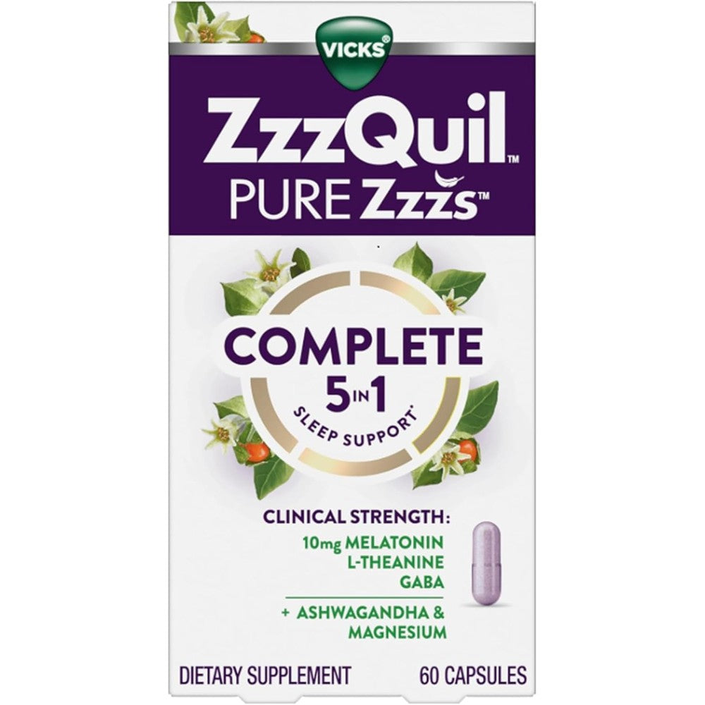 ZzzQuil Pure Zzzs Complete Sleep capsules front packaging view for premium melatonin supplement.