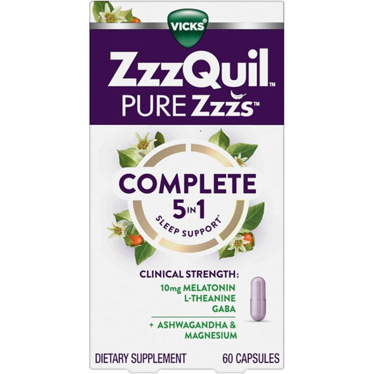 ZzzQuil Pure Zzzs Complete Sleep capsules front packaging view for premium melatonin supplement.