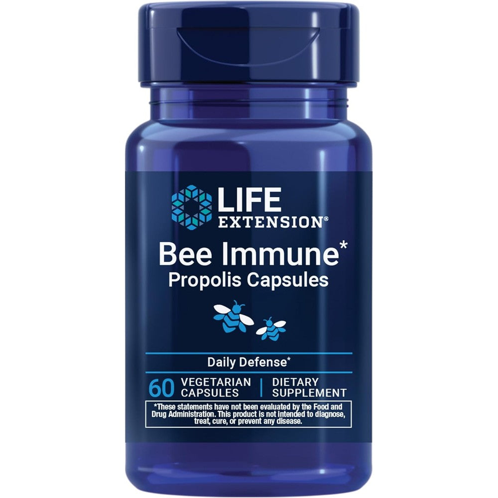 Life Extension Bee Immune Propolis capsules front view bottle for respiratory health.
