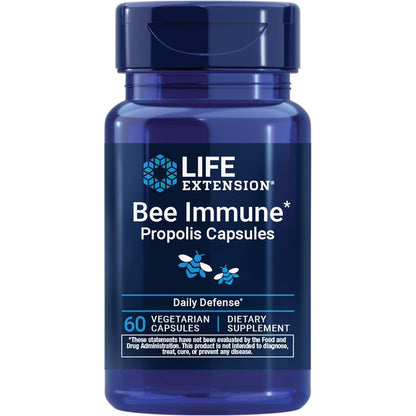 Life Extension Bee Immune Propolis capsules front view bottle for respiratory health.