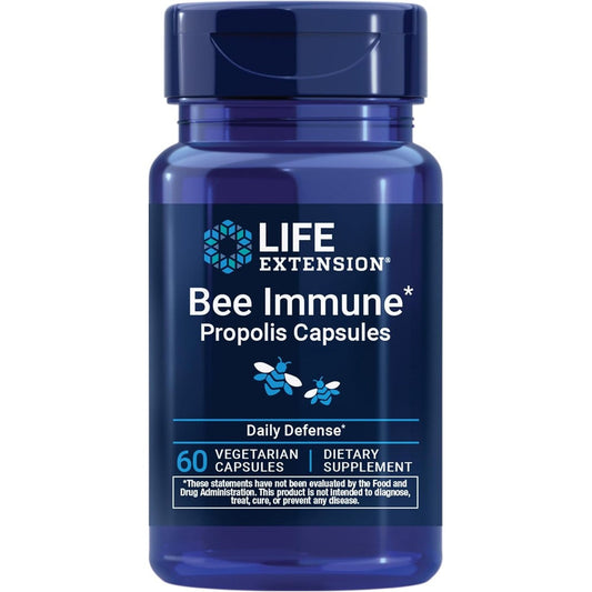 Life Extension Bee Immune Propolis capsules front view bottle for respiratory health.