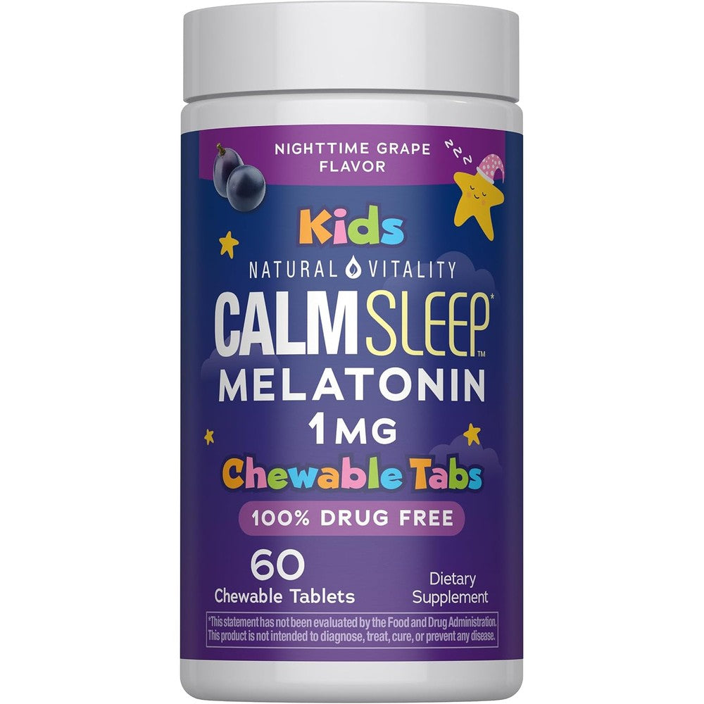 Natural Vitality Kids Calm Sleep Melatonin 1 Milligram Chewable Tablets front bottle view for children sleep aid