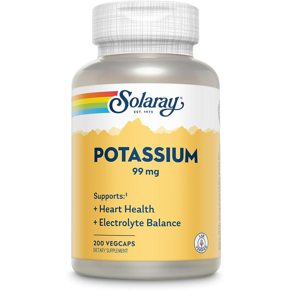 Solaray Potassium 99mg 200 Veg Capsules front view bottle