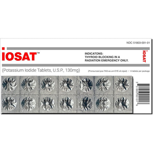 IOSAT Potassium Iodide 130mg emergency thyroid blocking tablets front packaging view