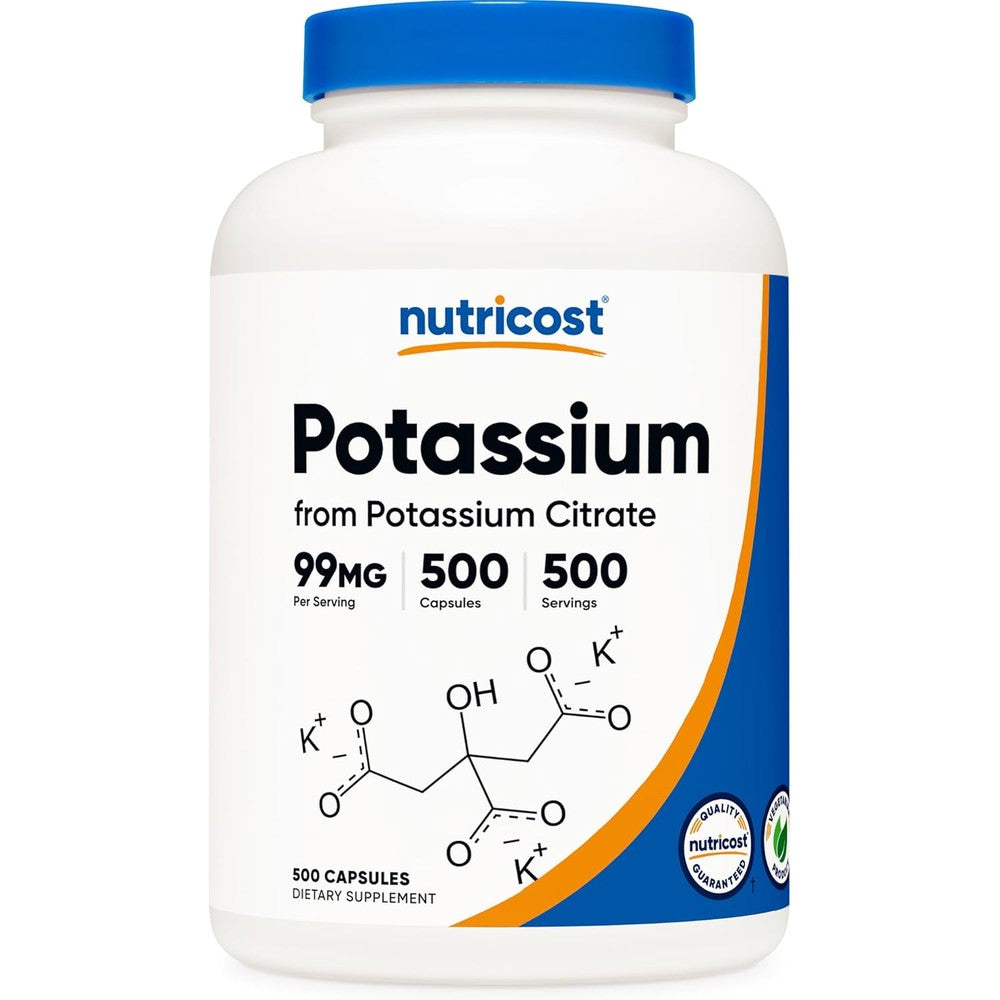 Nutricost Potassium Citrate 99mg 500 vegetarian capsules front view bottle showing premium electrolyte supplement labels.