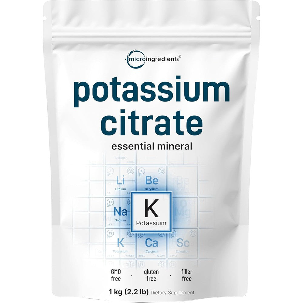 Micro Ingredients Potassium Citrate Powder 1 kg front view packaging for hydration support.