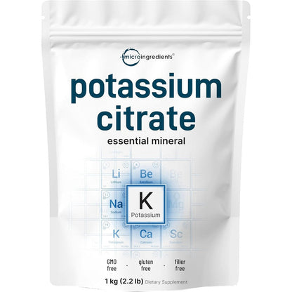 Micro Ingredients Potassium Citrate Powder 1 kg front view packaging for hydration support.