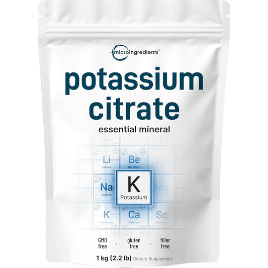 Micro Ingredients Potassium Citrate Powder 1 kg front view packaging for hydration support.