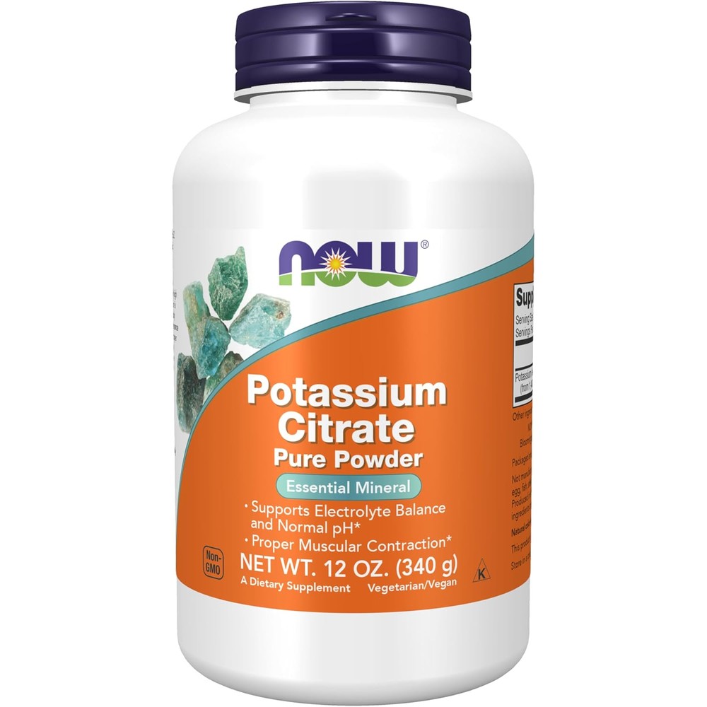 NOW Foods Potassium Citrate Pure Powder front view container showing electrolyte and muscle support benefits