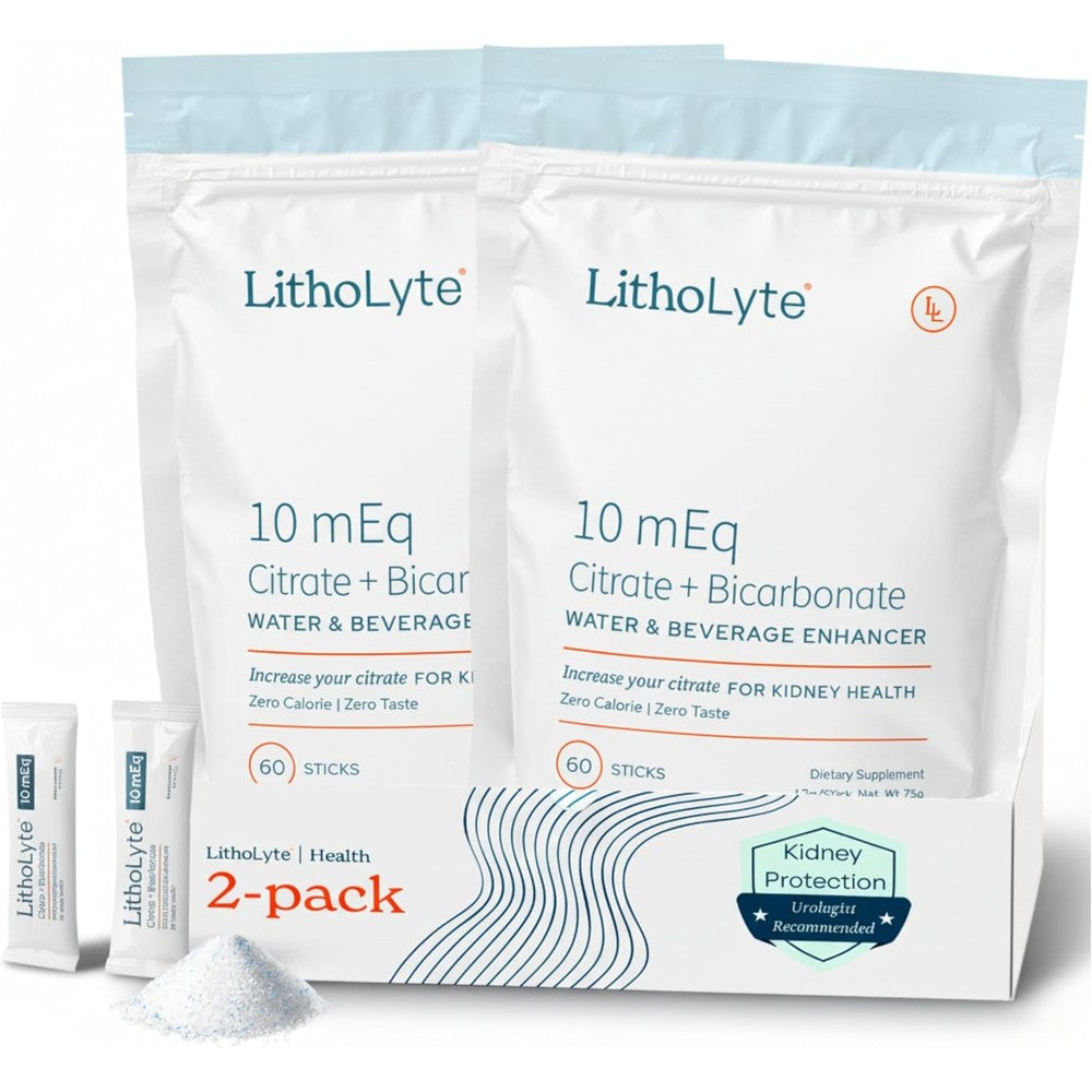 LithoLyte 10mEq Kidney Health Water Enhancer front packaging of the 120 single serve sticks box showing premium USA imported supplement.