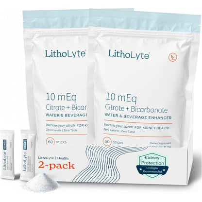 LithoLyte 10mEq Kidney Health Water Enhancer front packaging of the 120 single serve sticks box showing premium USA imported supplement.