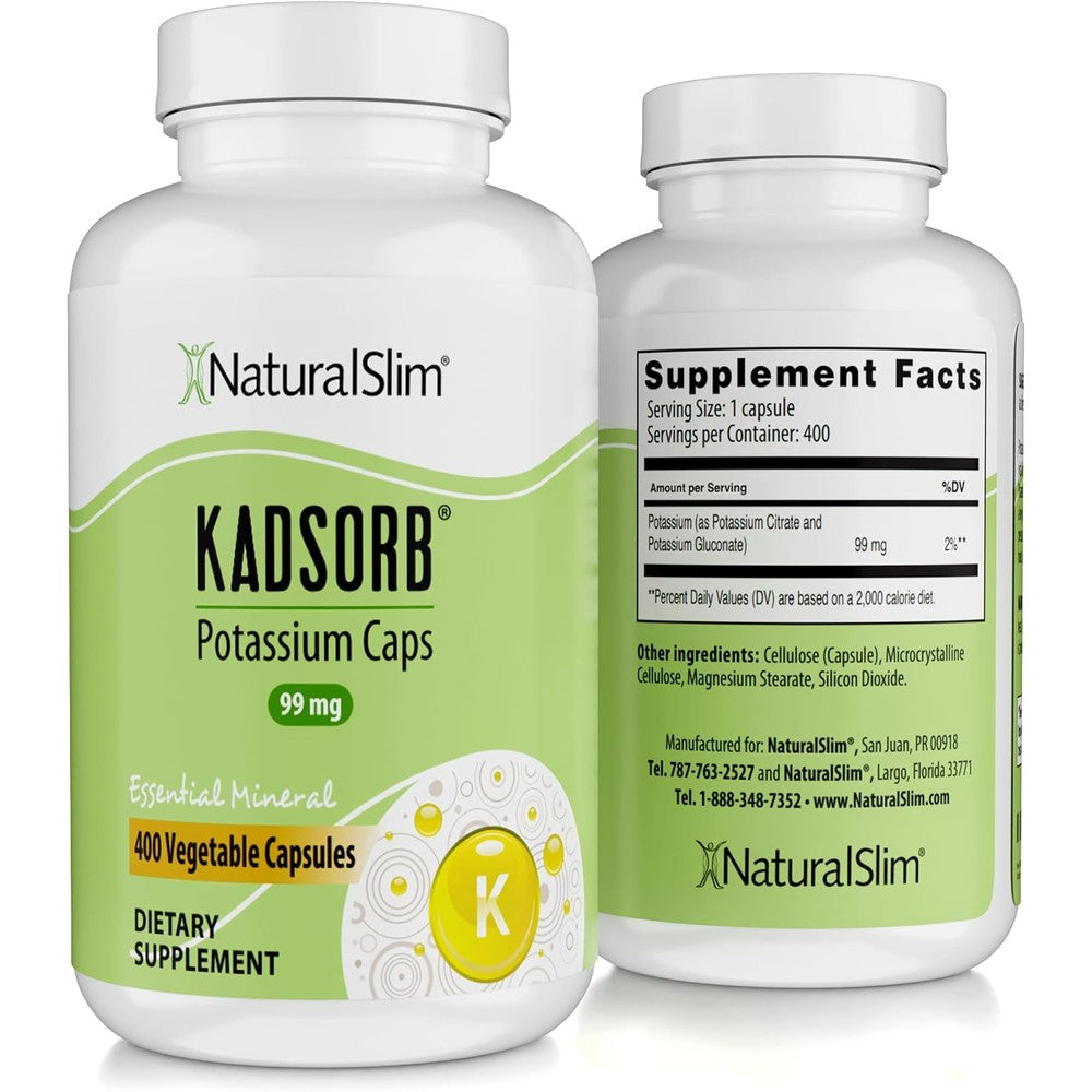 NaturalSlim Kadsorb Potassium Citrate 400 vegetable capsules front view showing brand packaging.