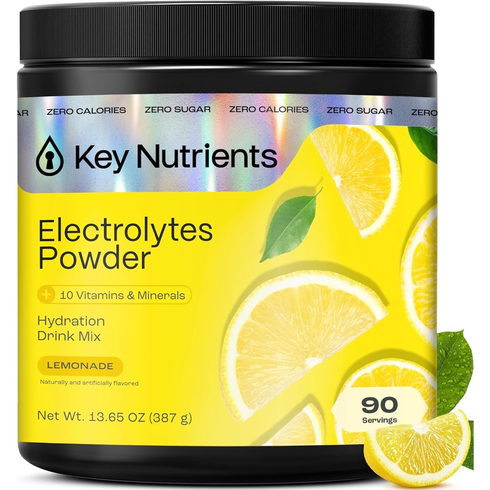 Key Nutrients Multivitamin Electrolytes Powder Refreshing Lemonade jar front view showing ninety servings label.