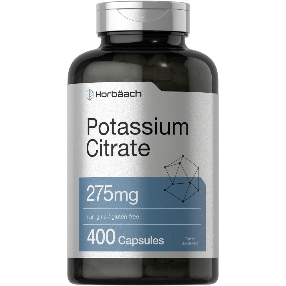 Horbaach Potassium Citrate supplement bottle front view showcasing four hundred capsules packaging