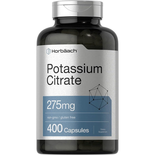Horbaach Potassium Citrate supplement bottle front view showcasing four hundred capsules packaging