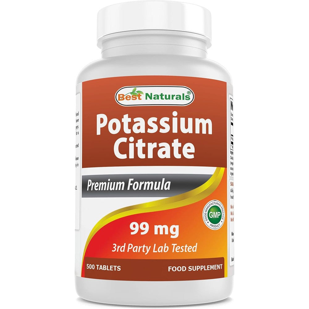 Best Naturals Potassium Citrate 99mg 500 Tablets front bottle view for electrolyte balance