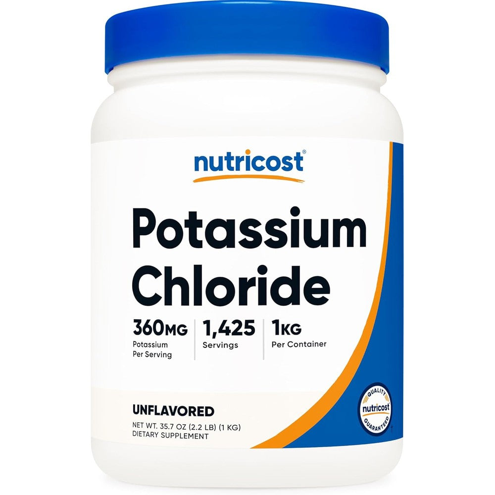 Nutricost Potassium Chloride Powder 1 Kilogram front view showing product packaging and branding