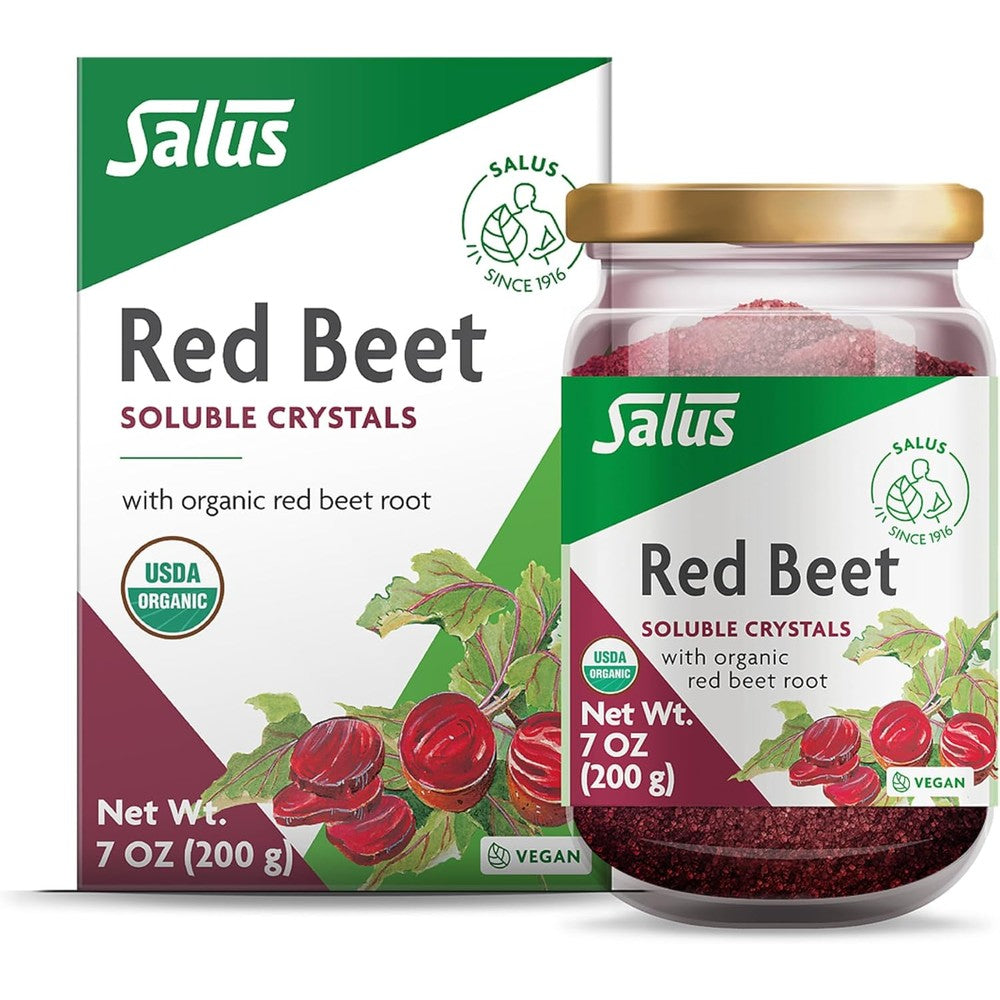 Floradix Salus Organic Red Beet Crystals 7 Ounce front view of jar showing nutritional label.