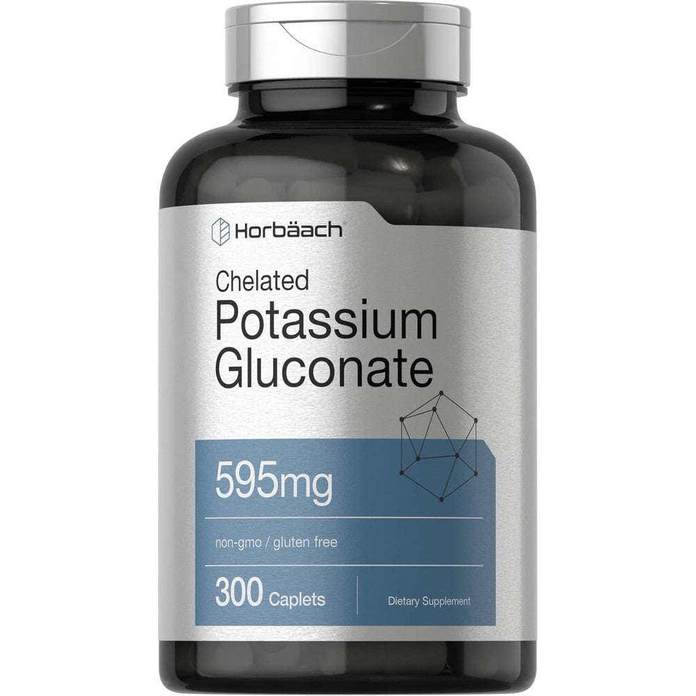 Horbäach Chelated Potassium Gluconate 595mg front view bottle for muscle health