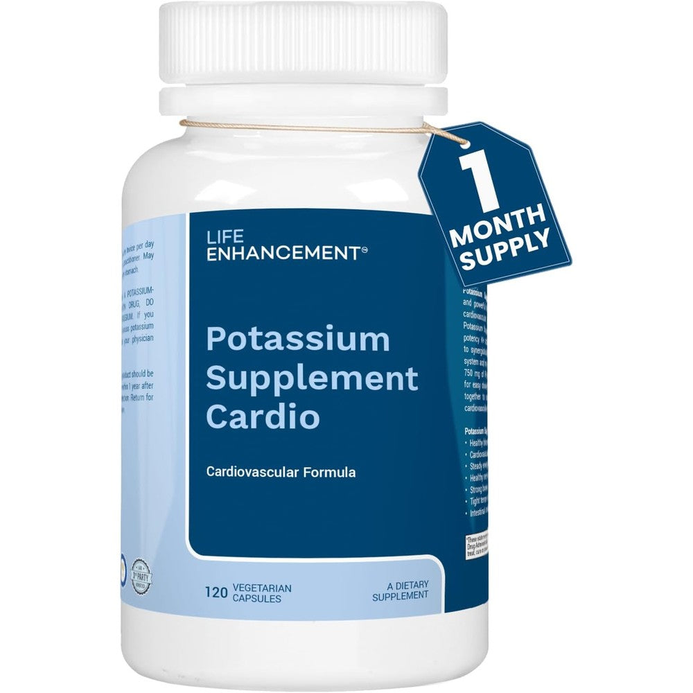 Life Enhancement Cardio Potassium 750mg bottle front view for heart health support