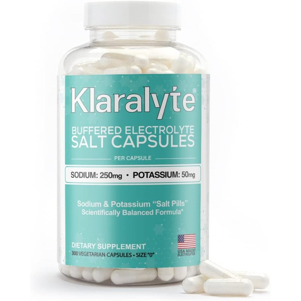Klaralyte Buffered Electrolyte Salt Capsules front label on a white bottle showing 300 count size.