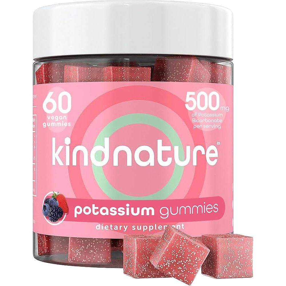 KINDNATURE High Potassium Supplement 500mg front view of bottle showing mixed berry flavor vegan gummies for leg cramp relief