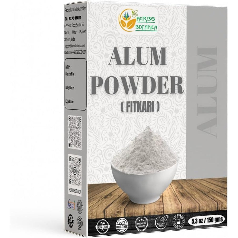 Herbs Botanica Potassium Alum Powder 150 grams front packaging view for authentic skincare remedies.