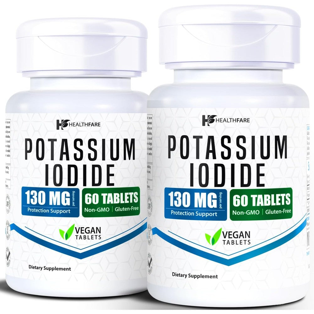 HealthFare Potassium Iodide 130 mg tablets front bottle view showing emergency preparedness supplement packaging