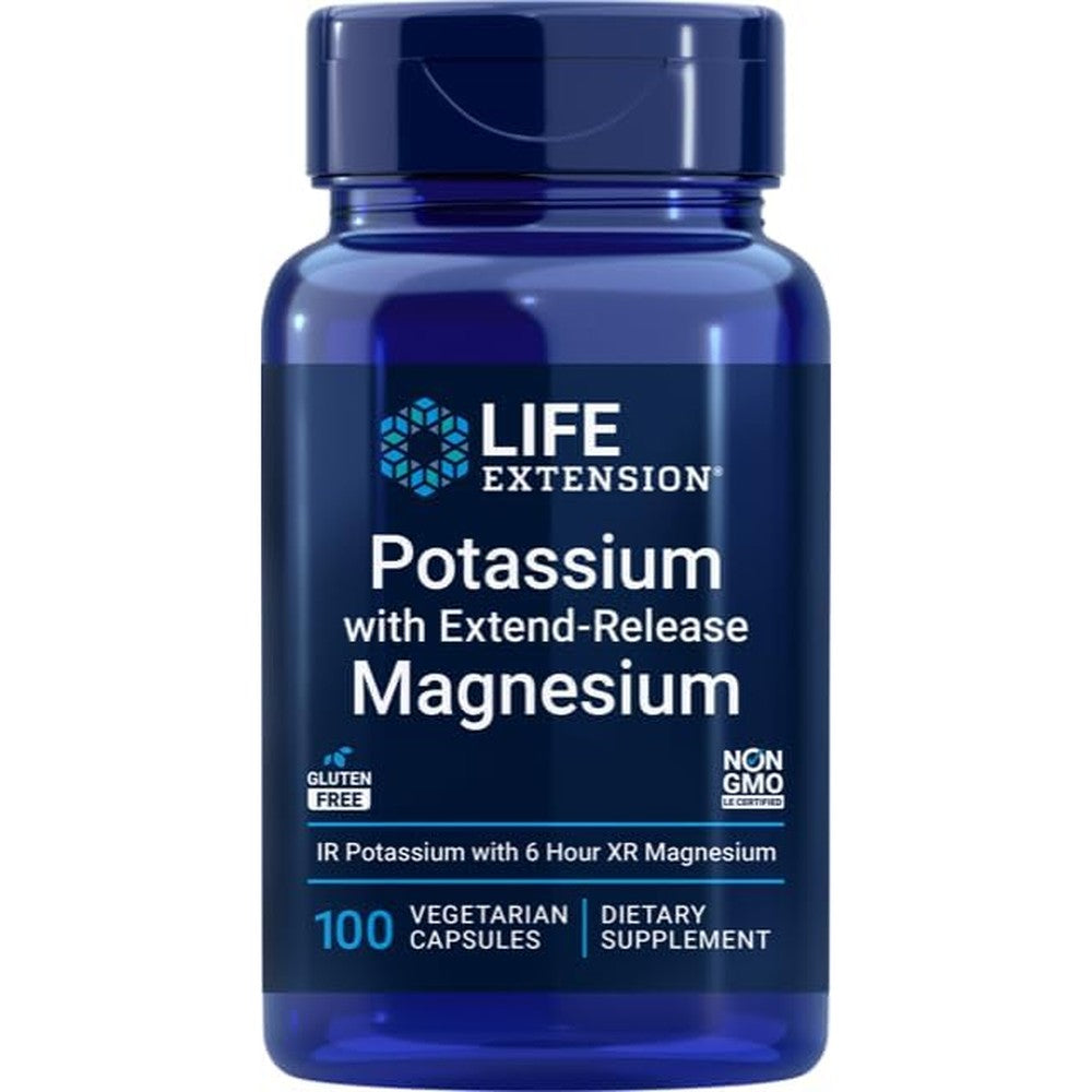 Life Extension Potassium with Extend Release Magnesium front view of the one hundred vegetarian capsules bottle for heart health support.