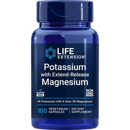 Life Extension Potassium with Extend Release Magnesium front view of the one hundred vegetarian capsules bottle for heart health support.