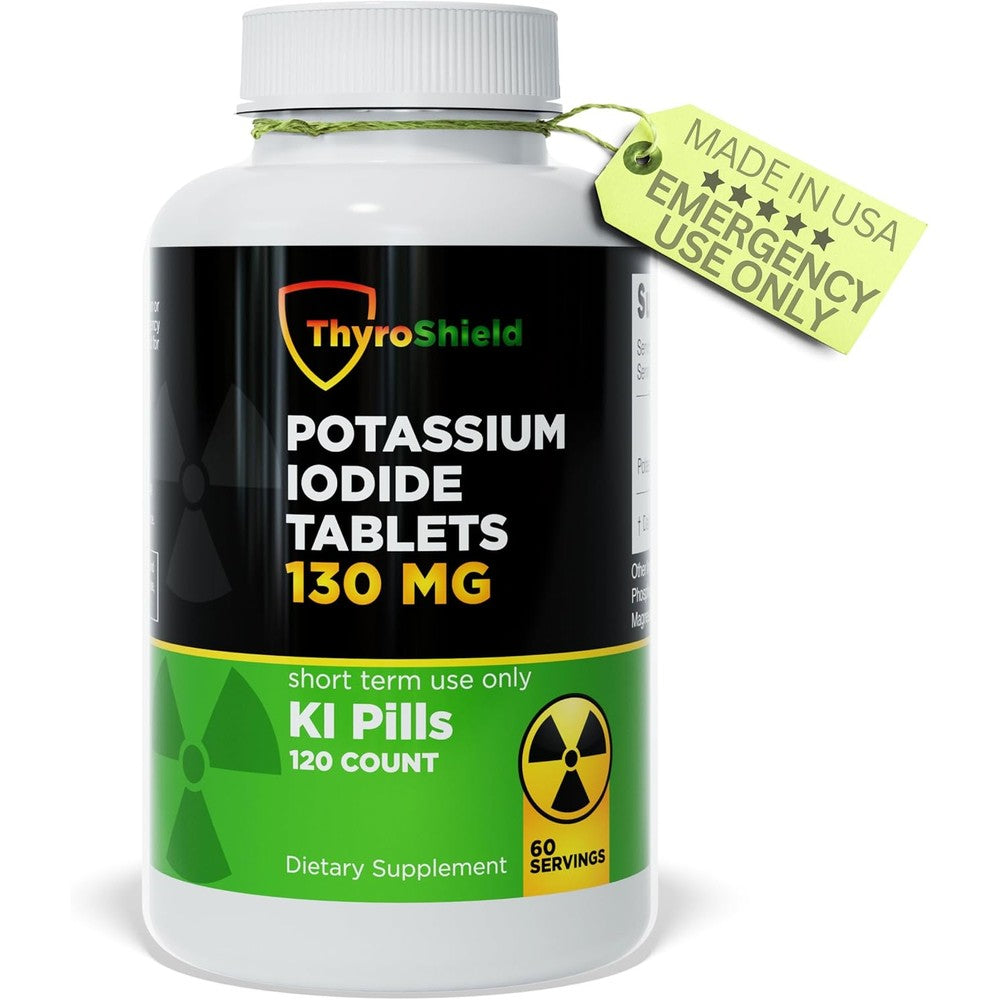 ThyroShield Potassium Iodide 130 mg 120 Tablets bottle front view for radiation emergency preparedness.