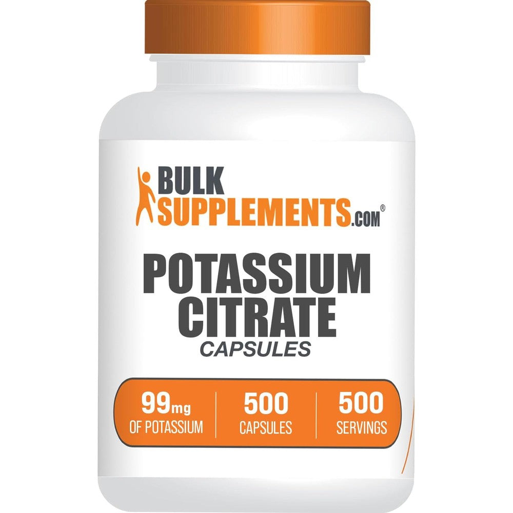 BulkSupplements Potassium Citrate 99mg 500 Capsules front view showing product packaging and brand logo.
