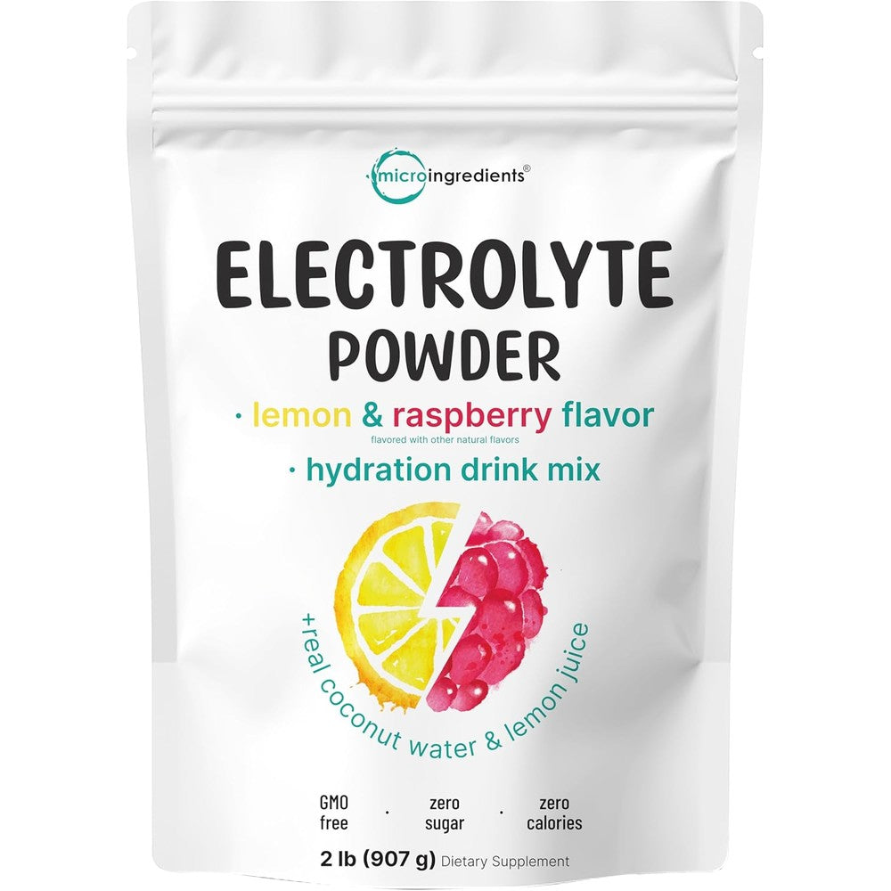 Micro Ingredients Electrolyte Powder Lemon Raspberry two pound pouch front view showcasing sugar free hydration benefits