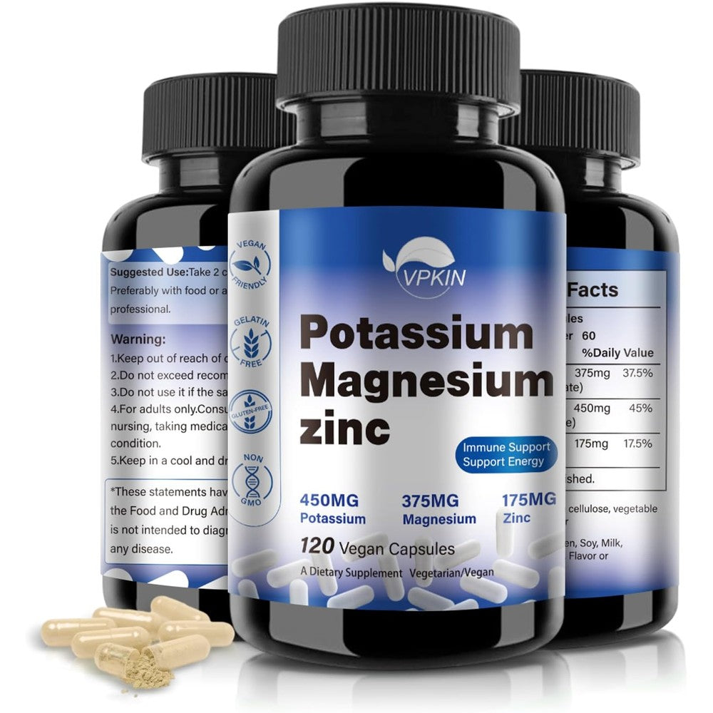 VPKIN Potassium Magnesium Zinc Aspartate 120 vegan capsules front view bottle