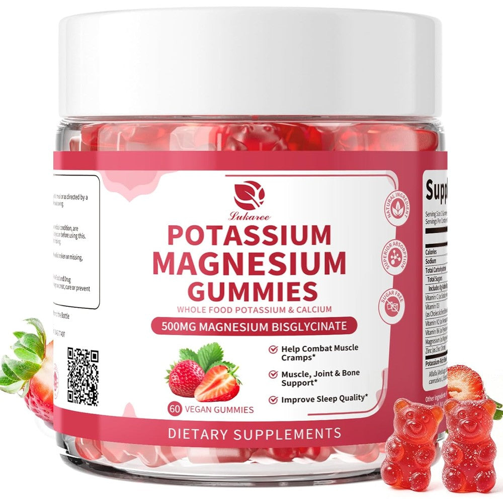Lukaree Magnesium Glycinate and Potassium Gummies 2 pack front bottle view for muscle relaxation and sleep.