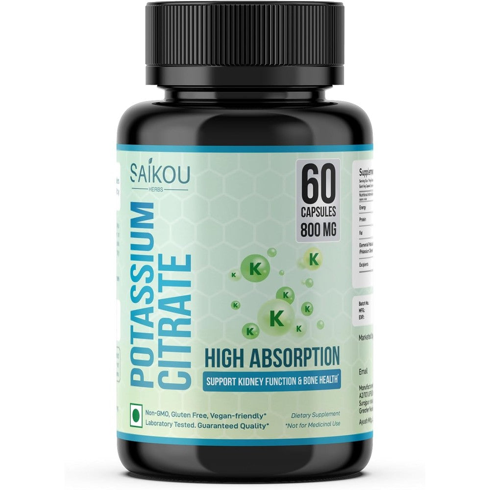 Saikou Herbs Potassium Citrate 800mg front view of the dietary supplement bottle for electrolyte balance.