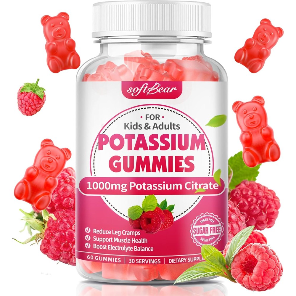 Softbear Potassium Citrate 1000mg Sugar Free Gummies front view bottle for electrolyte balance.