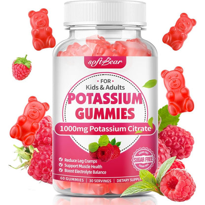 Softbear Potassium Citrate 1000mg Sugar Free Gummies front view bottle for electrolyte balance.
