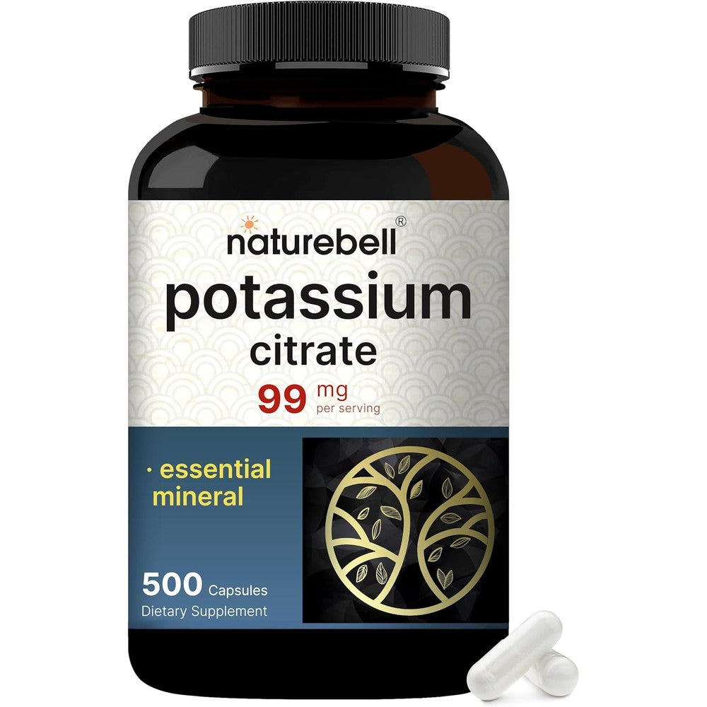 NatureBell Potassium Citrate 99mg 500 Capsules front view bottle showing dietary supplement label for electrolyte support