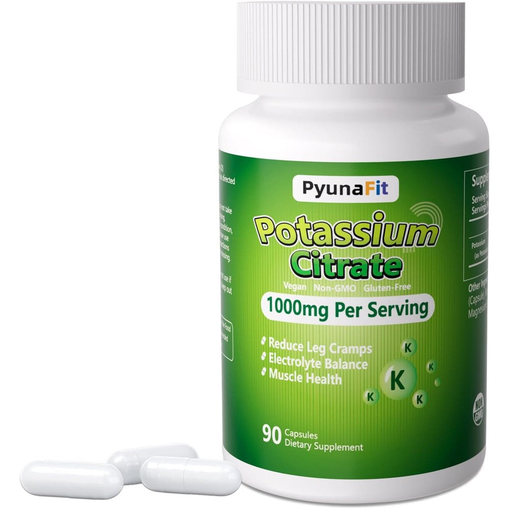 PYUNAFIT Potassium Citrate 1000mg supplement bottle front view showcasing heart and muscle support benefits