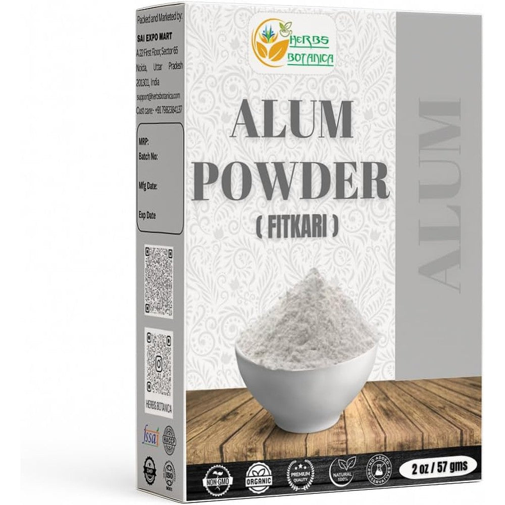 Herbs Botanica Potassium Alum Fitkari Granulated Powder front packaging view for skincare and pickling.
