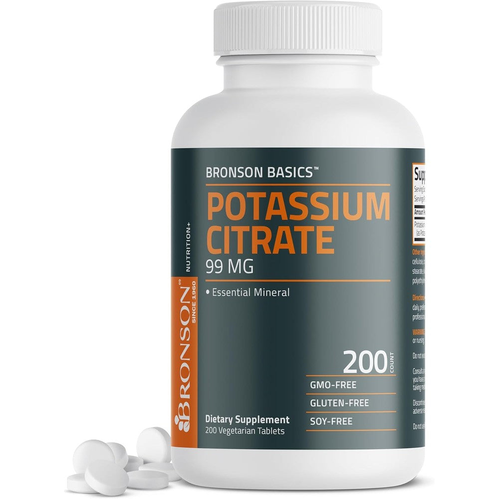 Bronson Potassium Citrate ninety-nine milligram bottle front view showing brand label and daily mineral supplement text