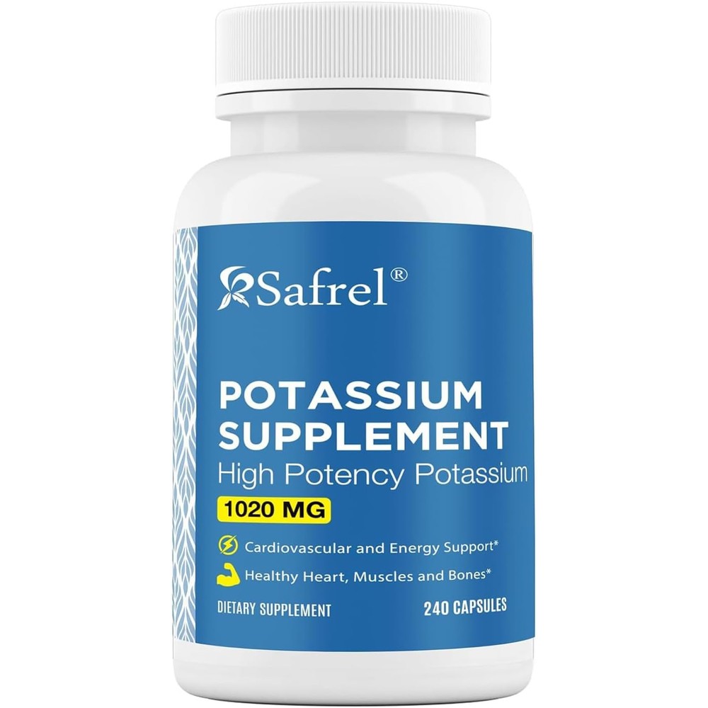 Safrel Potassium Supplement 1020mg bottle front view for electrolyte balance
